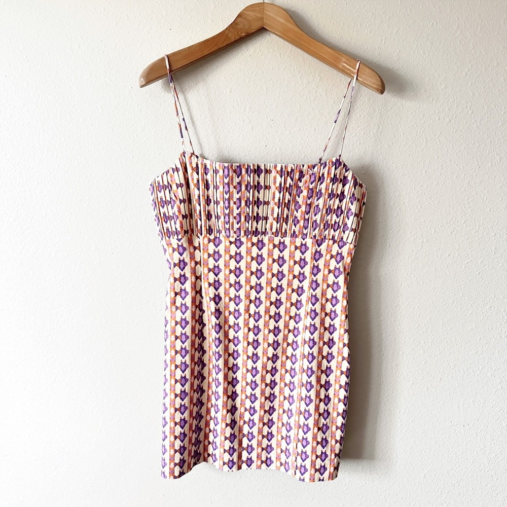 Maeve the Ophelia Smocked Linen Slim Mini Dress 70s Print women's‎ size 14 NEW